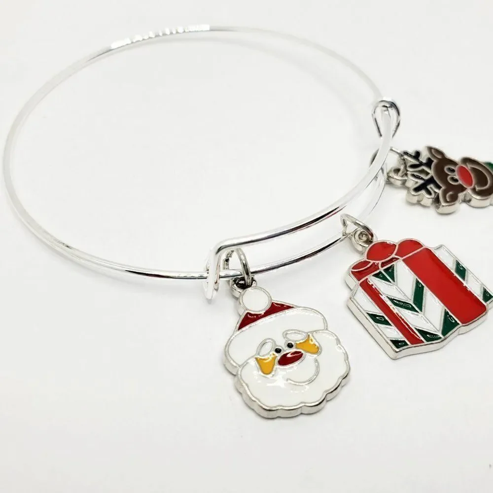 Christmas Santa, Present, and Reindeer Charm Bracelet, Silver Adjustable Jewelry